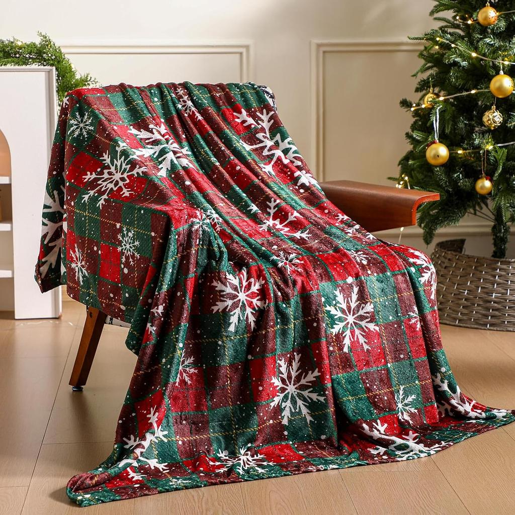 Holiday Christmas Blanket Plaid Design With Snowflakes And Reindeer Antlers Soft Plush Material Cozy Living Room Sofa Cover