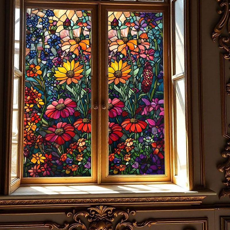 Vintage Art Glass Stickers Painted Flowers Stained Window Films Bathroom Home Decor Static Cling Frosted Privacy Glass Films
