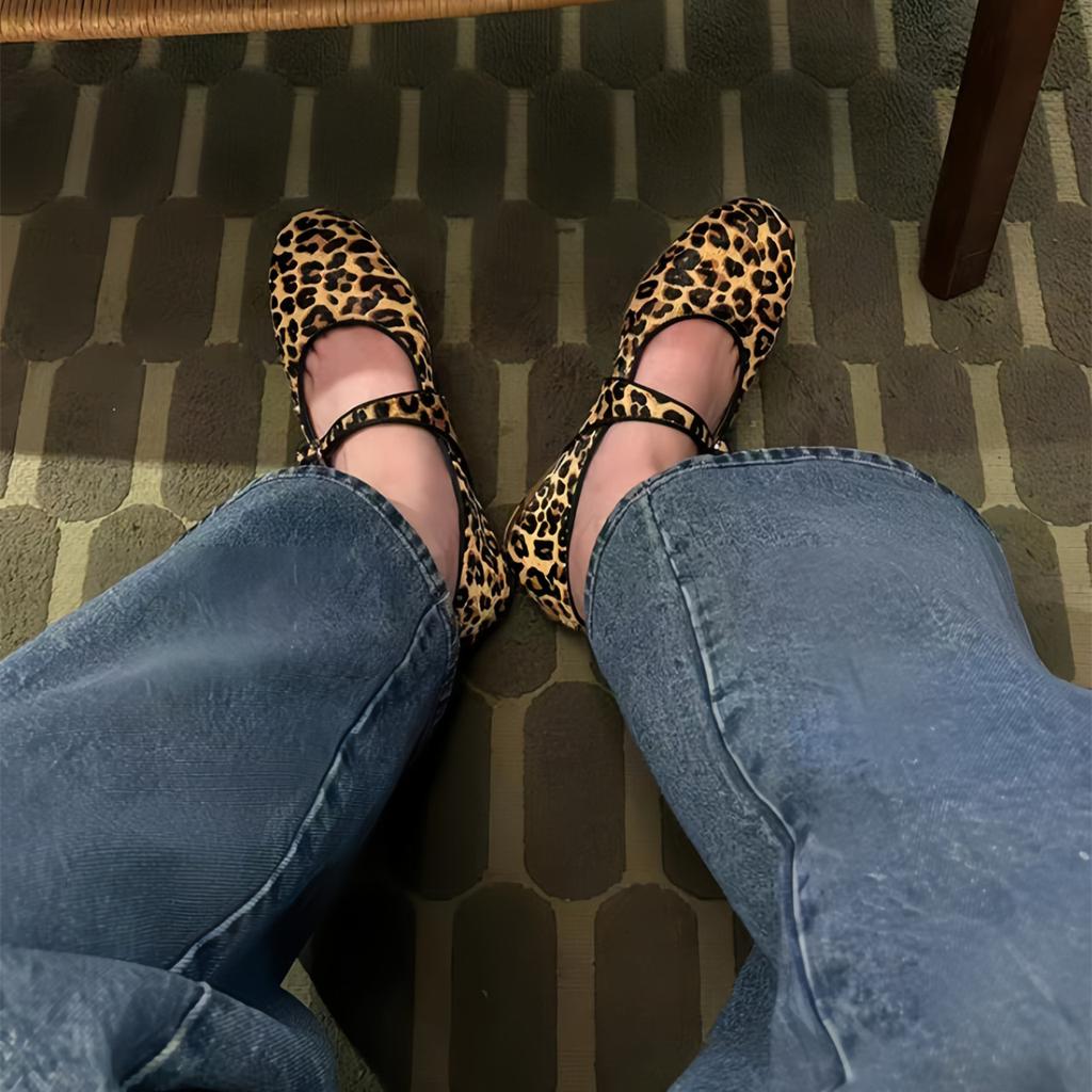 2025 Autumn New Round Head Ballet Shallow Mouth One-word Buckle Flat Bottom Leopard Print Single Shoes Female Mary Jane