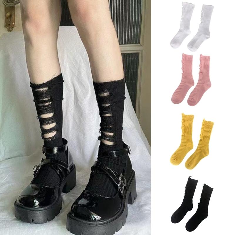 Women Gothic Ripped Holes Crew Socks Ribbed Knitted Harajuku Punk Hip Hop Skateboard Middle Tube Hosiery Streetwear