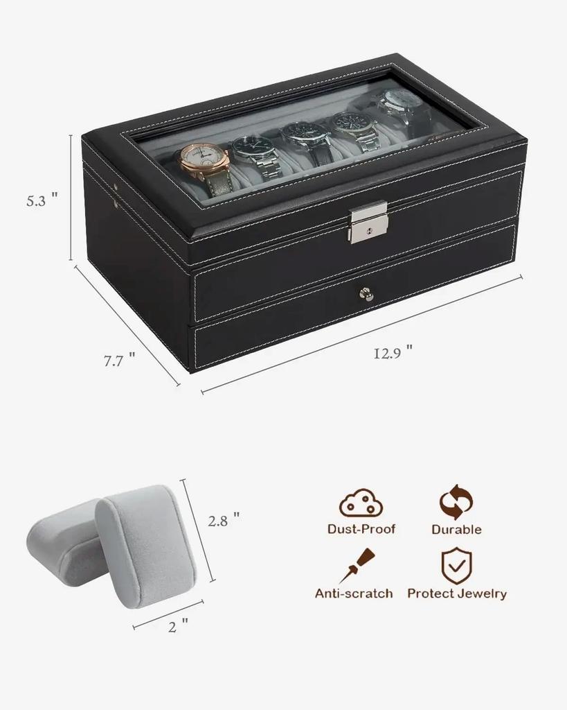 New 12 Slot Leather Lockable Watch Storage Boxes,Men & Women's Jewelry Display Drawer Case, 2-Tier Organizer Watch Showcase