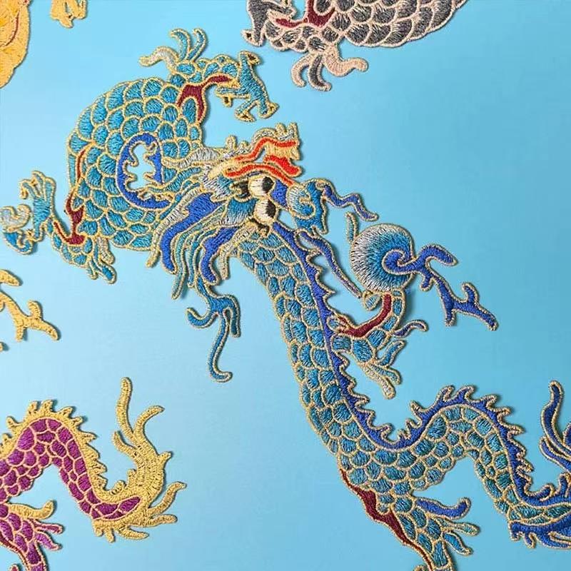 1Pc Blue Golden Chinese Style Large Dragon Sewing Embroidery Patches Clothing Applique Decoration Accessory