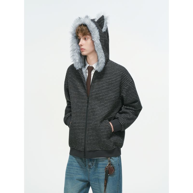 Dream Made Cat Ear Mountain Carving Jacket for Men, Winter Fleece-Lined Thickened Warm Couple Cotton Coat, Striped Cotton Jacket