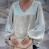 Solid Color Women Blouse Lantern Long Sleeve Simple Satin V-Neck Autumn