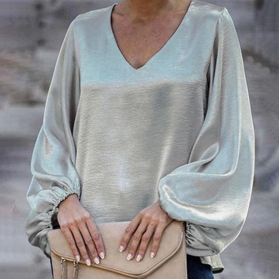 Solid Color Women Blouse Lantern Long Sleeve Simple Satin V-Neck Autumn