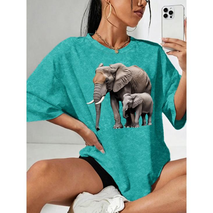 Women's Snowflake Print Short Sleeve Shirt T Shirt Elephant mother and child print round neck casual elegant vintage style skin-friendly soft