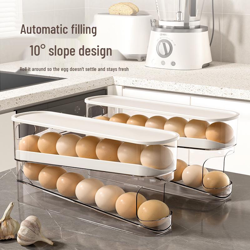 Refrigerator Egg Storage Box with Rolling Rack and Lid, Transparent Food-Grade Design