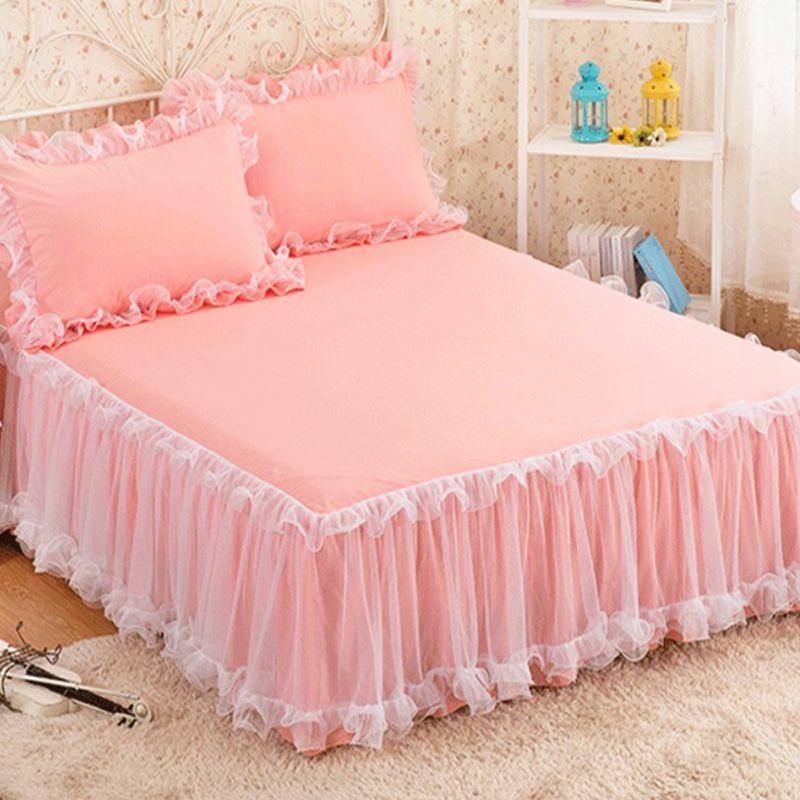 3 Pink Lace Bed Skirts Ruffle Edge Mesh Protective Bedspread Thickened Anti Slip and Dustproof Bed Sheets and Pillowcases