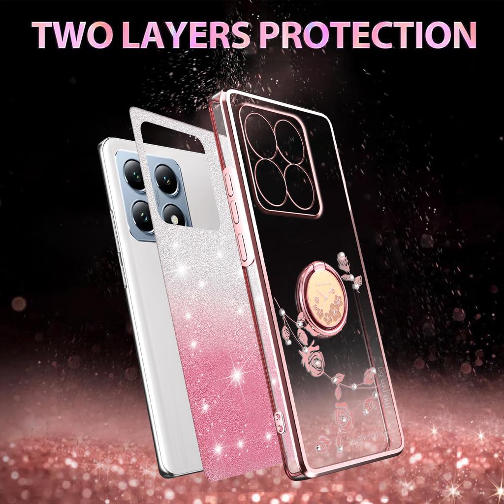 KADEM Pouzdro pro Xiaomi 15T s kroužkem a stojánkem, TPU, Květiny, Kryt telefonu, Gradientní třpytky
