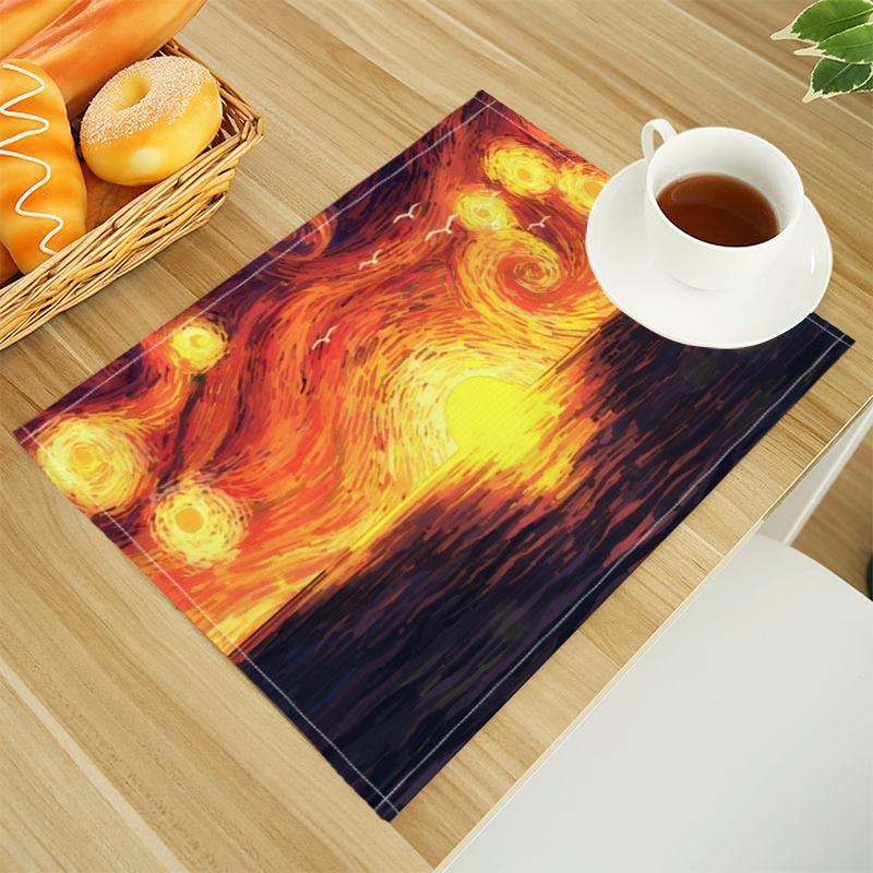 Van Gogh The Starry Night Print Linen Dining Table Mats Alphabet Kitchen Placemat 30X45cm Coasters Pads Bowl Cup Mat