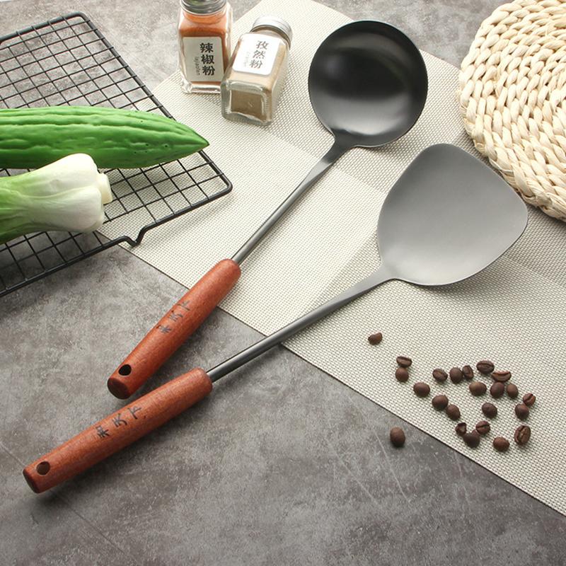 Edelstahl Wender Suppenlöffel, Wokspatel Schöpfkelle mit Holzgriff - Kochutensilien