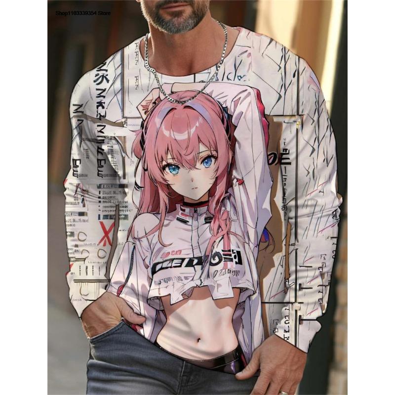 Anime Girl Graphic 3D Printed Top Casual Long Sleeved Men's T-shirts - Soft Medium Stretch Polyester Fabric Spring and Autumn Relaxed Fit Clothing
