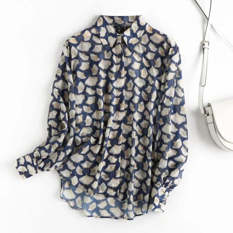 

Осенняя блузка женская в английском стиле, уютная модная, элегантная, с принтом листьев, свободная шелковая свободная рубашка Moda, топы M