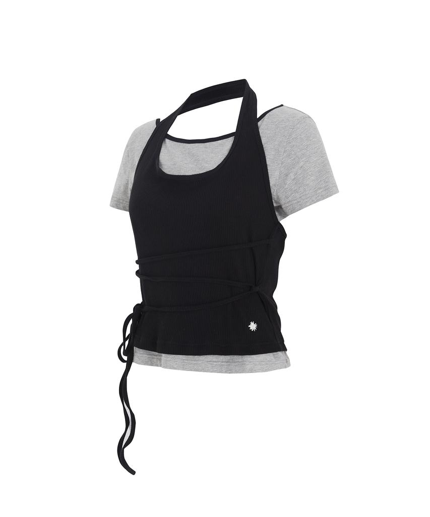 Sekeondeusolteu Strap Layered Ribbed Halter Neck T-Shirt (Melange Grey)