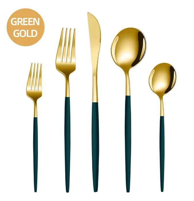 5/24Pcs Black Handle Golden Cutlery Set Stainless Steel Steak Knife Fork Spoon Tableware Dessert Spoon Festival Kitchen Cutlery