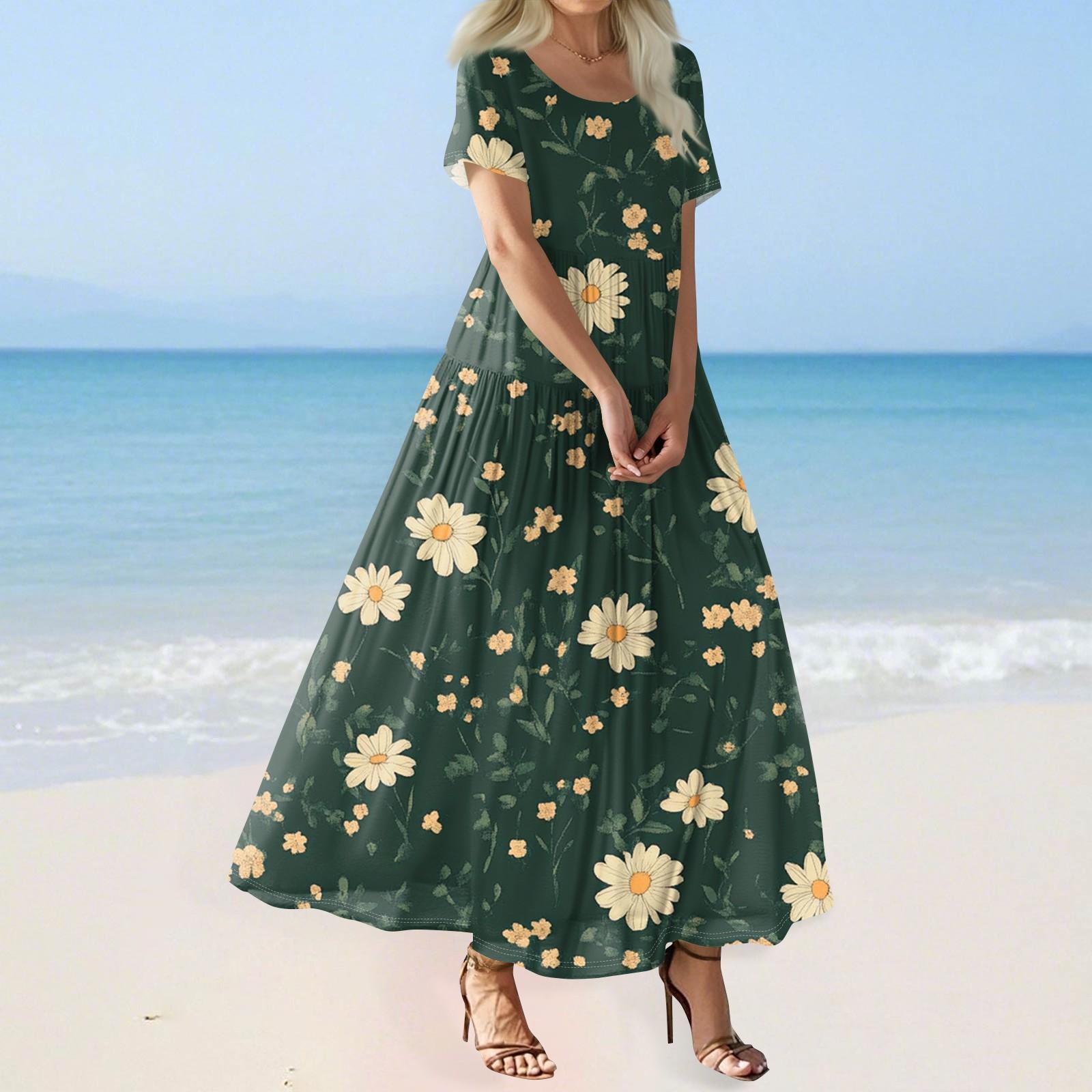 Women s Summer Casual Floral Print Short Sleeve O Neck High Waist A Line Tiered Flowy Boho Maxi Dress L