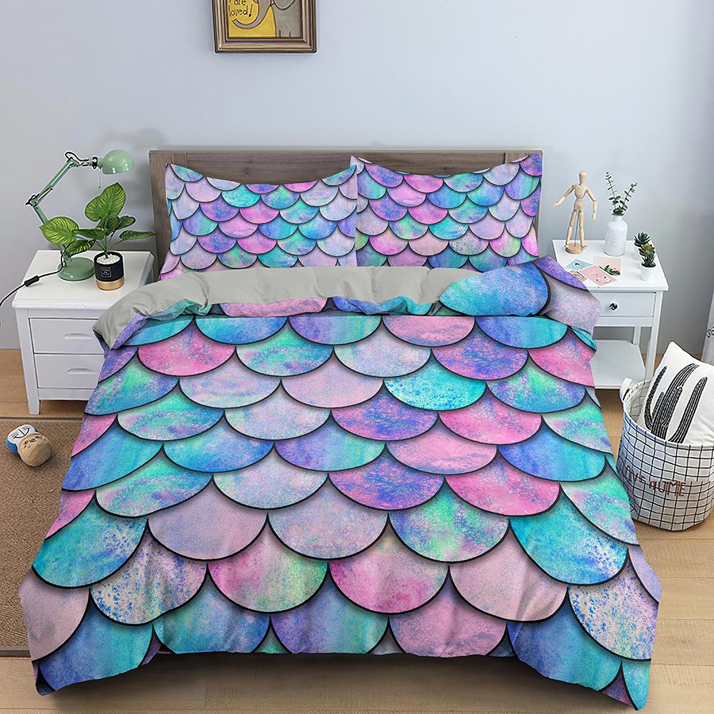 Fish Scales Duvet Cover Set Colorful Mermaid Polyester Comforter Cover With Pillowcase King Queen Full Size For Boys Girl Teen