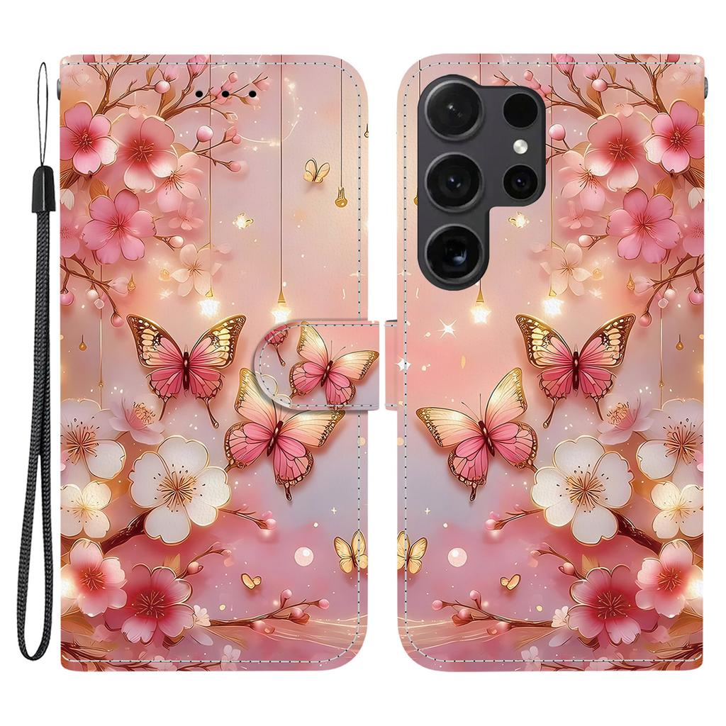 For Samsung Galaxy S26 Ultra Leather Case Stand Wallet Pattern Printing Phone Cover with Wrist Strap