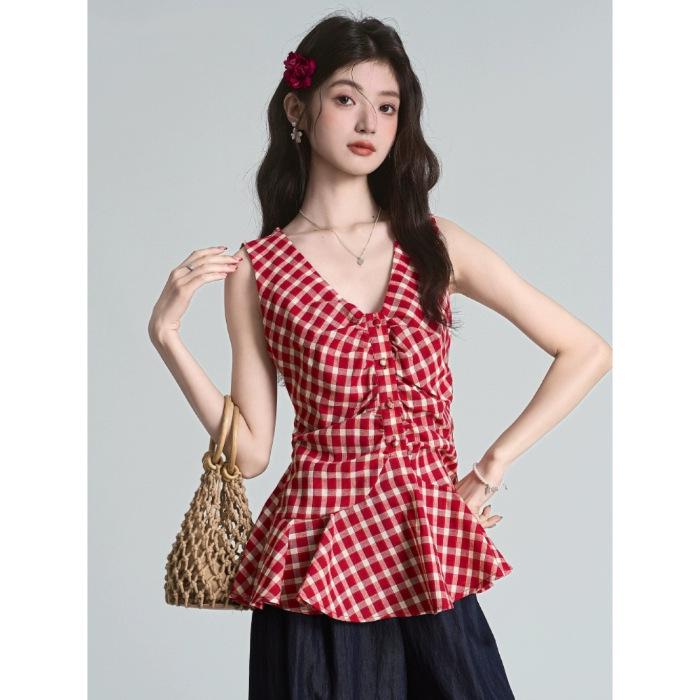 Women s Red Plaid V-Neck Sleeveless Waist-Cinching Pleated Vest - Summer 2026 Chic Style M