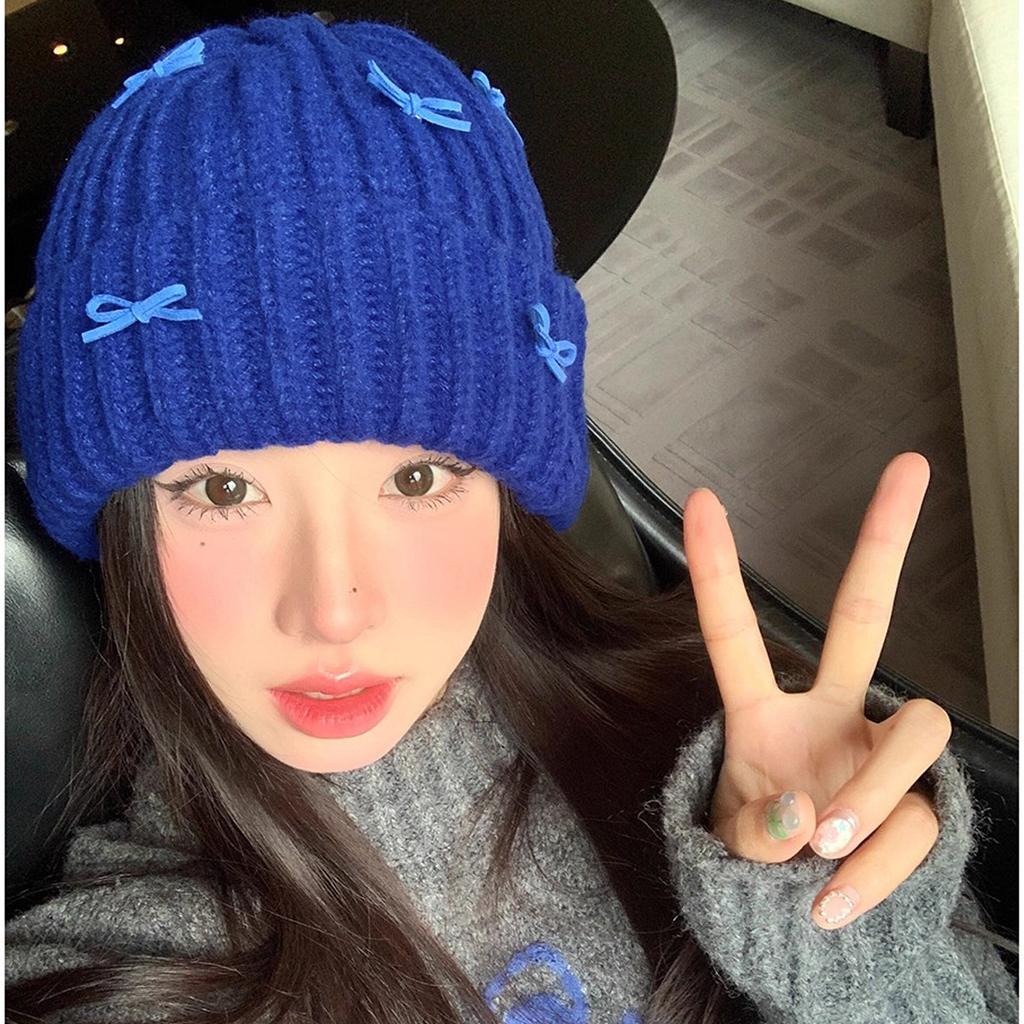Korean Version Simple Solid Color Bow Plush Hat for Women In Autumn and Winter New Thickened Warm and Cold Proof Knitted Head Hat