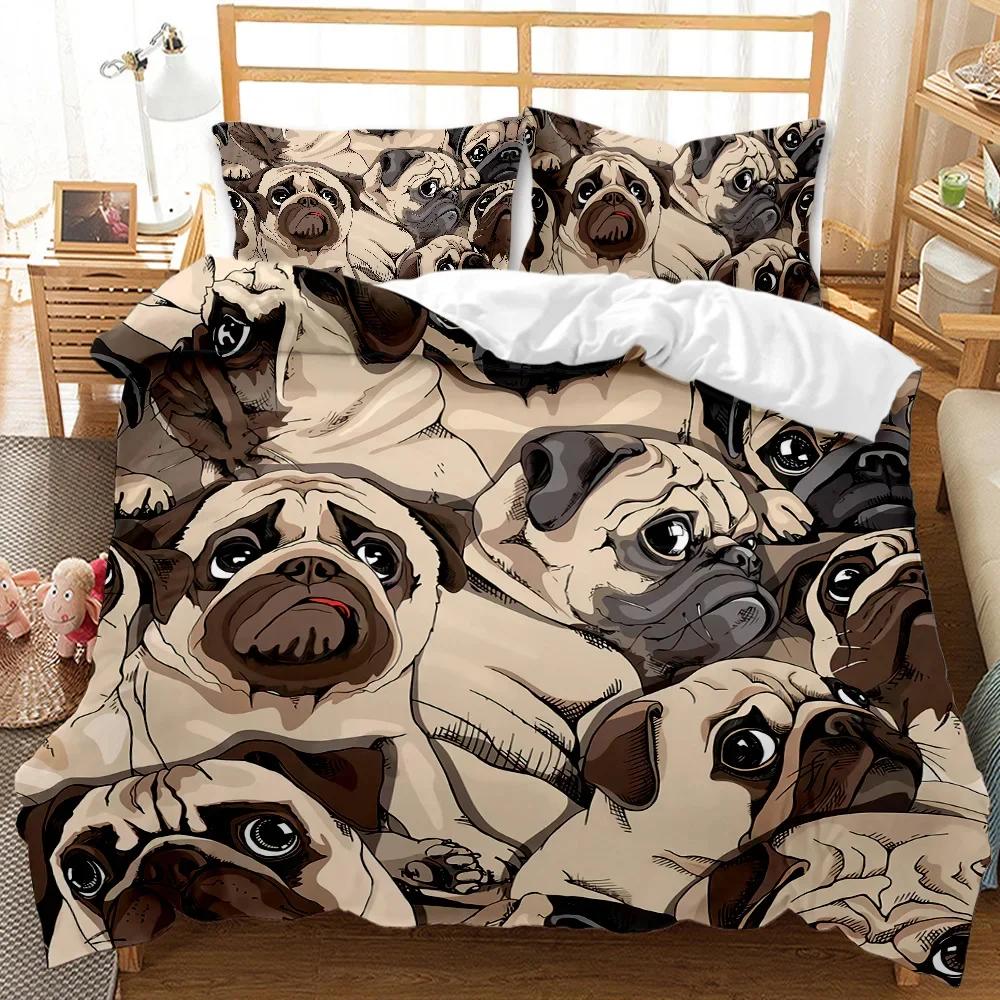 Cartoon Pug Duvet Cover Set Queen/King Size Cute Puppy Theme Bedding Set Golden Retriever Husky Pet Soft Polyester Quilt Cover