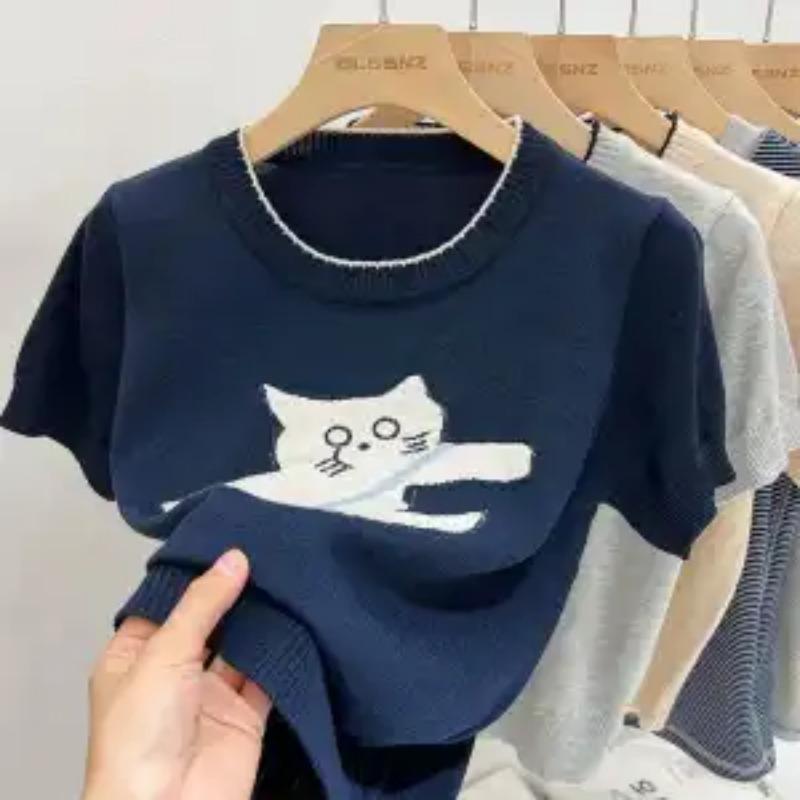 Women Cute Cat Print Short Sleeve Knit Top Round Neck Casual Sweater
