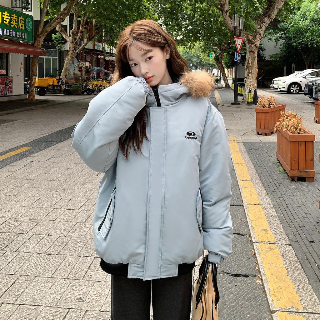Winter Korean Style Loose Retro Down-padded Jacket for Women Loose Big Fur Collar Party Jacket