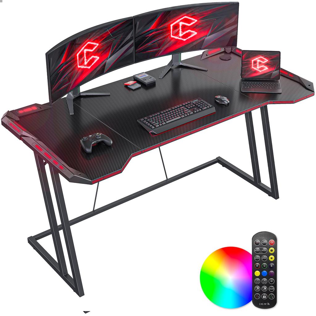 CubiCubi Gaming Width 140cm x Depth with Carbon Fiber Top Easy to Gaming Computer Suitable for Game Play Living Game Black Desk, 60cm, LED, Board,