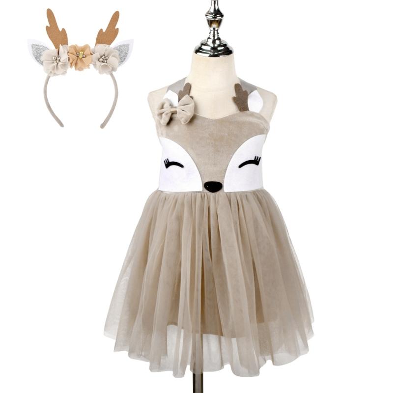 Girl Deer Costume Accessories with Dress and Headband Christmas Elk Dress Up Outfit for Kid Halloween Christmas Cosplay
