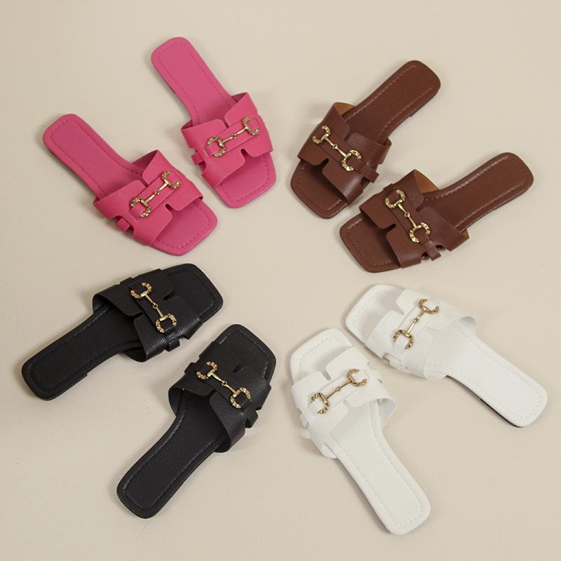 Flat-bottomed Slippers Women's Foreign Trade Summer New Outer Wear Metal Buckle Square Head Cool Slippers European and American Large-size Women's