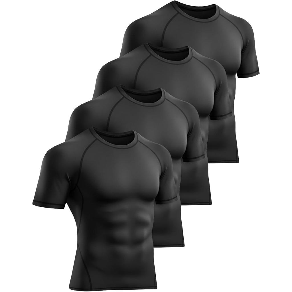 3 Pack Men’s Compression Shirts Short Sleeve Workout Gym Tops, Black, White, Blue