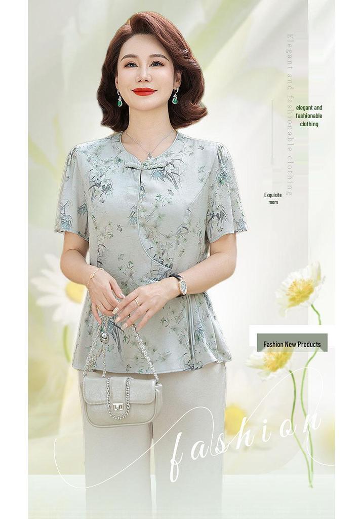 Elegant Chinese Style Summer Fashion Set: Short Sleeve Top & T-shirt for Middle-aged and Elderly Women