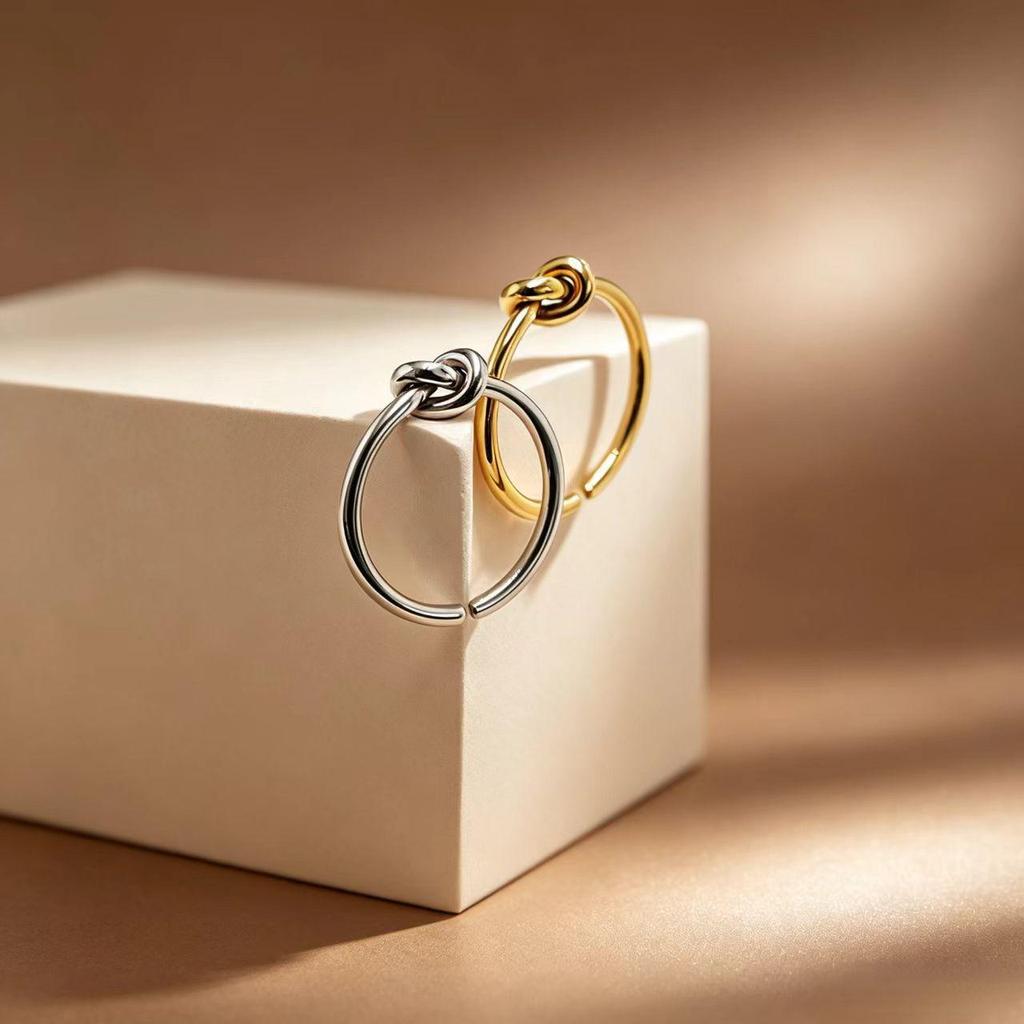 18K Gold Plated Infinity Knot Open Ring for Women, Adjustable Titanium Steel Plain Band