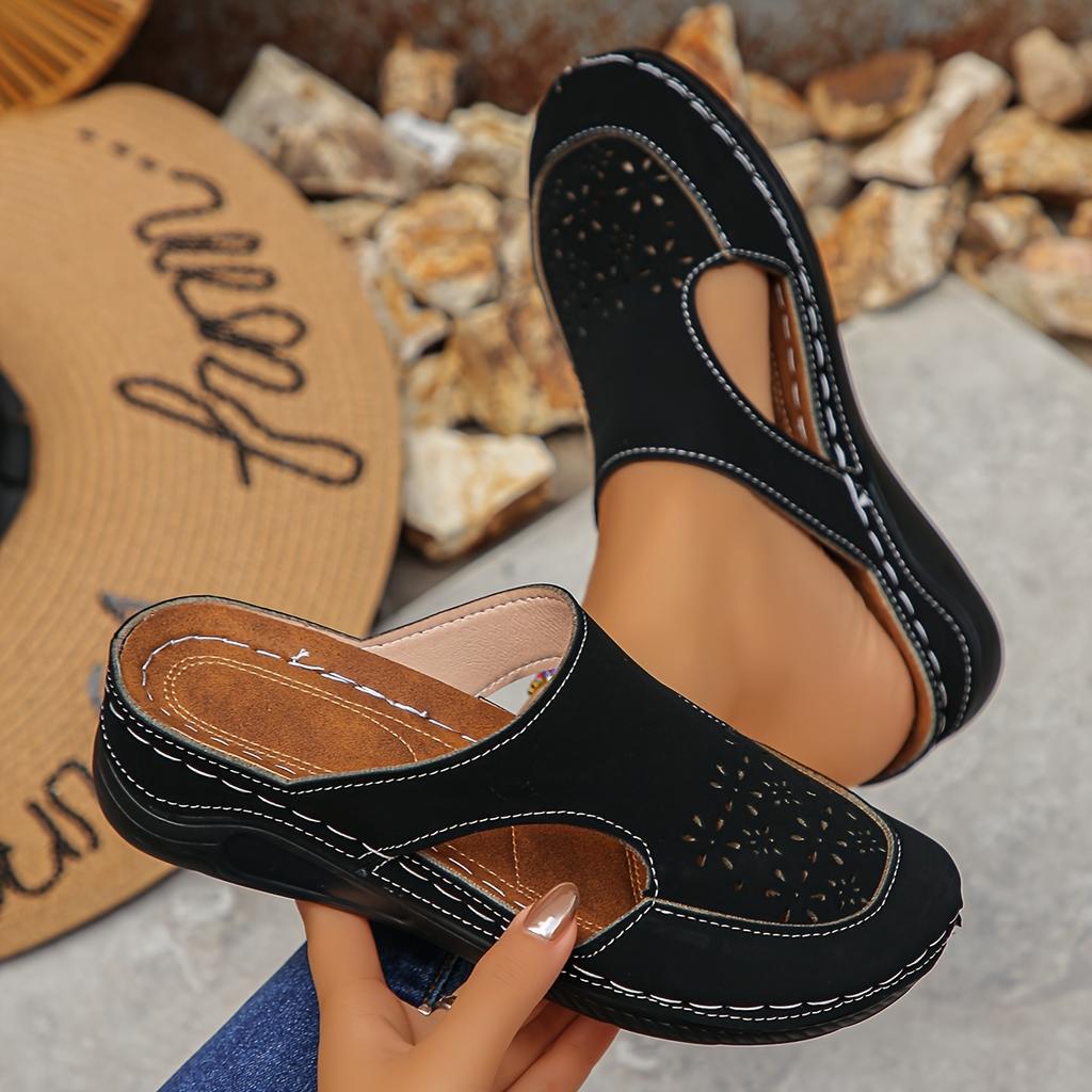 Hollow Carved Lazy Slip-On Shoes with Shock-Absorbing Wedge Heels, Versatile Casual Half-Slippers