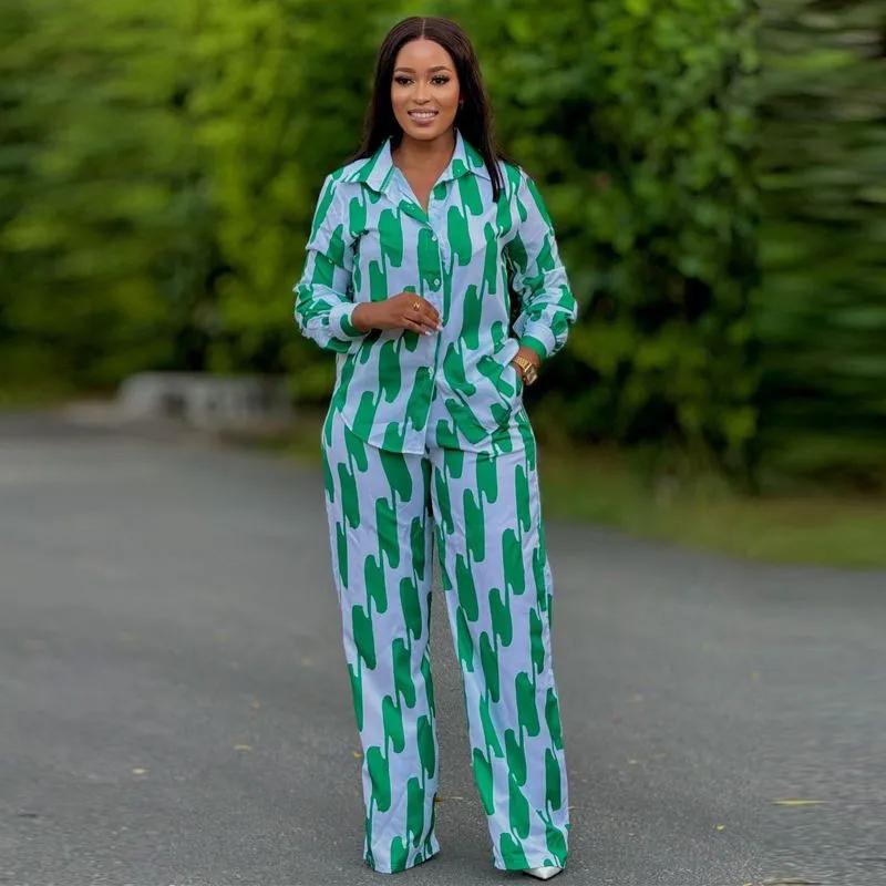 

Африканская мода Полосатый принт Комплект из двух предметов Женский Весна Осень Повседневный На пуговицах С длинным рукавом Рубашка Брюки с широкими штанинами Комплект 2XL