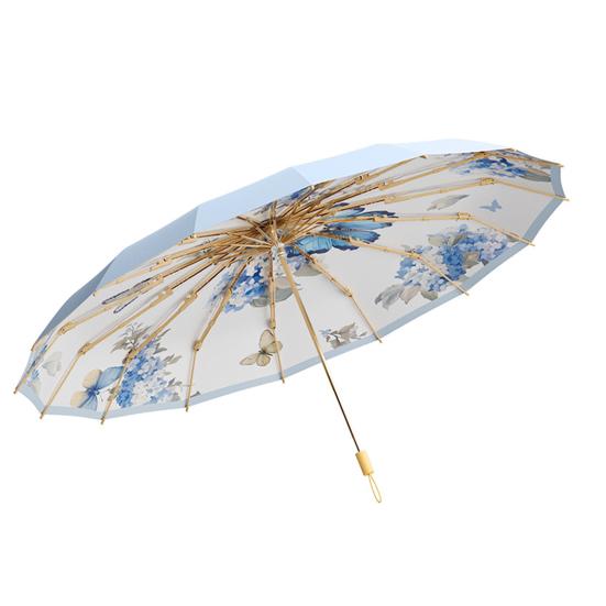 Paraply i kinesisk stil, sammenleggbar, solblokkerende, UV-beskyttelse, tredelt paraply, vanntett, vindtett, 16 spiler, bærbar, menn, kvinner, sol- og regnparaply