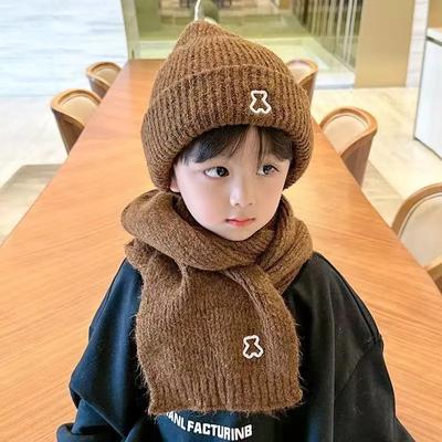 Fashion Kid Beanie Scarf Set for Boy Girl Cute Cartoon Simplicity Bear Toddler Crochet Bonnet Scarf Set Autumn Winter Warm Stuff