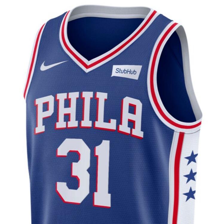 Nike Philadelphia 76ers 31 Seth Curry Logo Print V-Neck Sleeveless Basketball Jersey Men Jersey Blue CW3678-496
