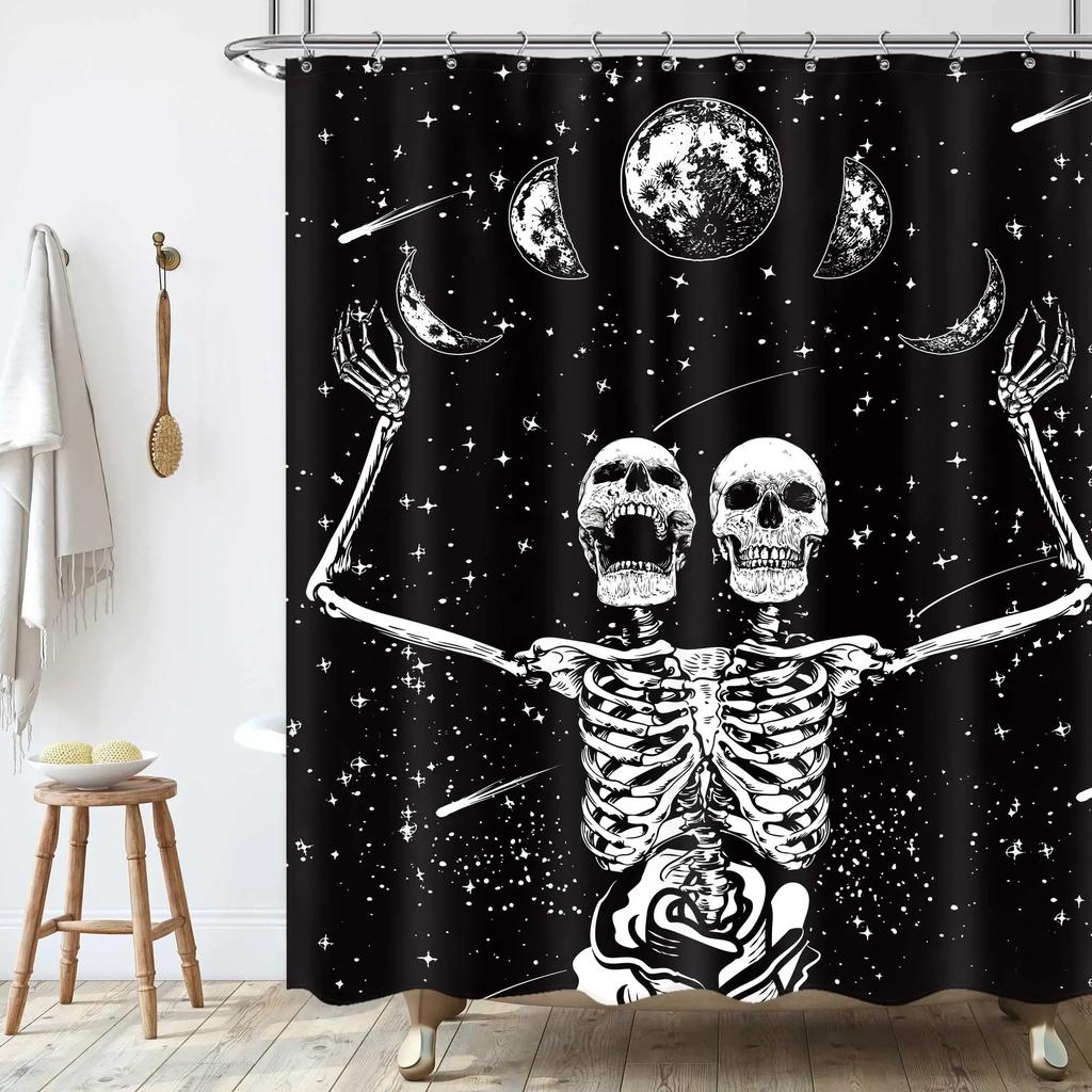 Tenda da doccia con scheletro di teschio al chiaro di luna, gotico, nero, bianco, zucchero, spettrale, per Halloween, per set di decorazioni per vasca da bagno