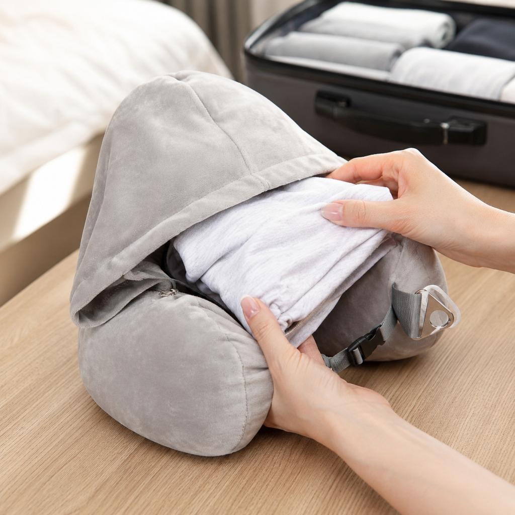 Hooded U-Shaped Travel Neck Pillow with Foam Beads Multi-Functional Portable Nap Pillow for Outdoor and Travel Support