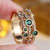 Round Stone Green Zircon Three Layers Rings For Women Vintage Gold Color Engagement Ring Wedding Jewelry Bridal Versatile Gifts