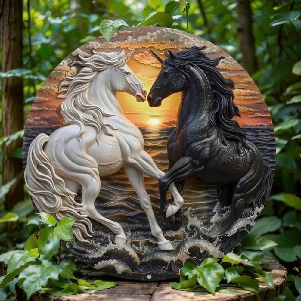 Metal Horse Wreath Sign Round Aluminum Wall Art Home Decor Gift