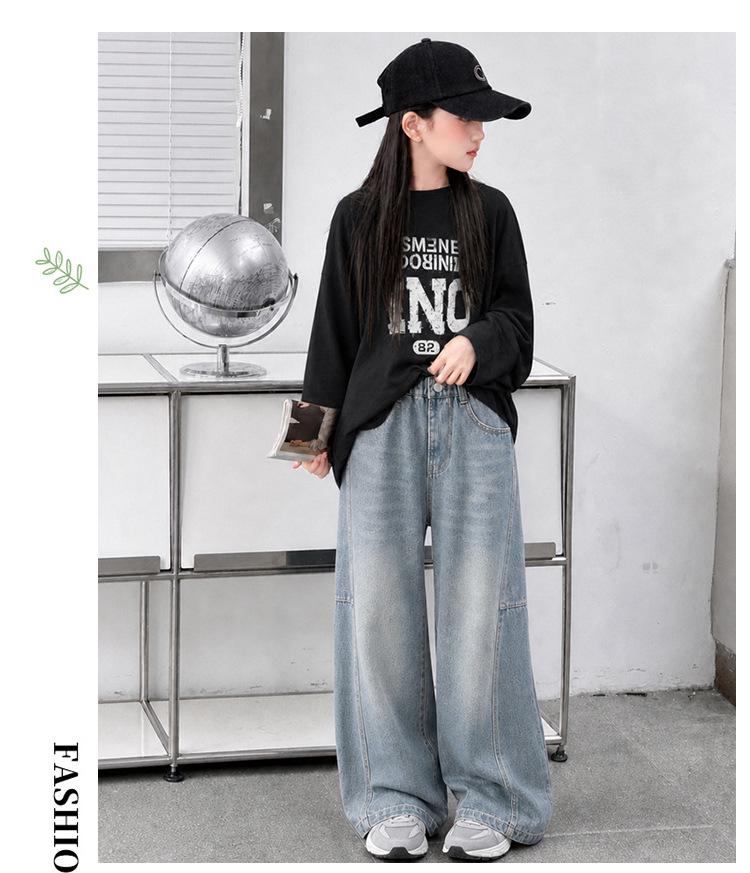 Girls' Autumn 2026 Wide Leg Jeans: Trendy Loose Fit Straight Banana Pants for Medium and Large Children