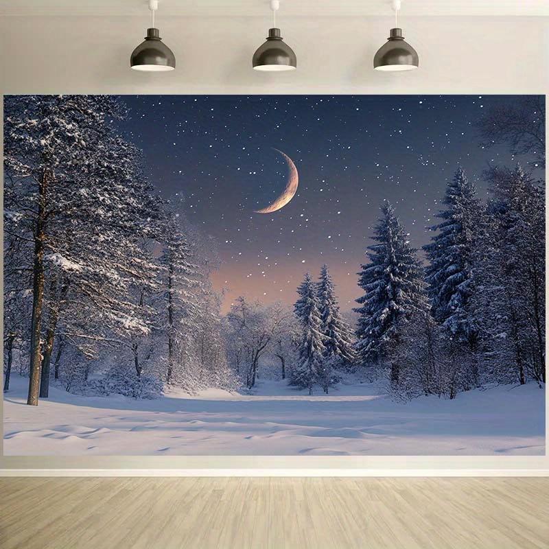 2D Plane 1 Piece of Winter Night Moonlight Snow Forest Background Fabric Suitable for Parties and Birthdays