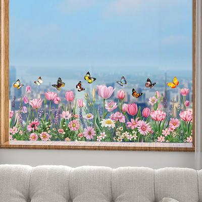 Schmetterlingsblumen-Aufkleber Frühlingsblüten-Fensteraufkleber Kühlschrankaufkleber PVC-Fensterfolien Selbstklebende Glas-Sticker Statische Aufkleber