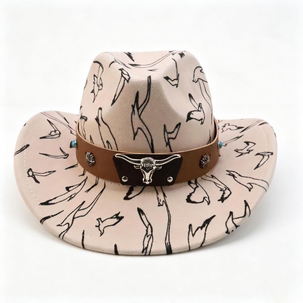 New printed graffiti western cowboy hat classic bull head accessories cowboy hat versatile peach top
