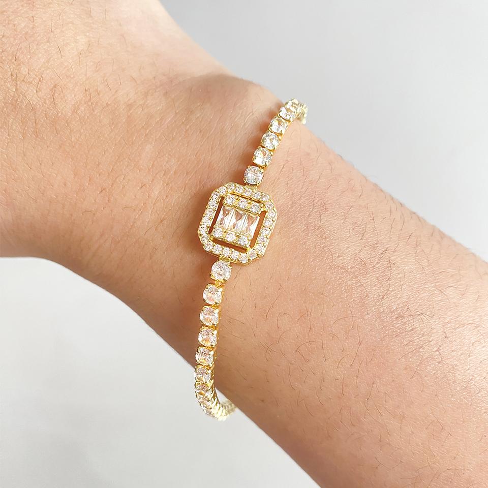 Simple Geometry Rectangle Zircon Charm Bracelets for Women Sliver Color Round Crystal Bracelet Luxury Bridal Wedding Zircon