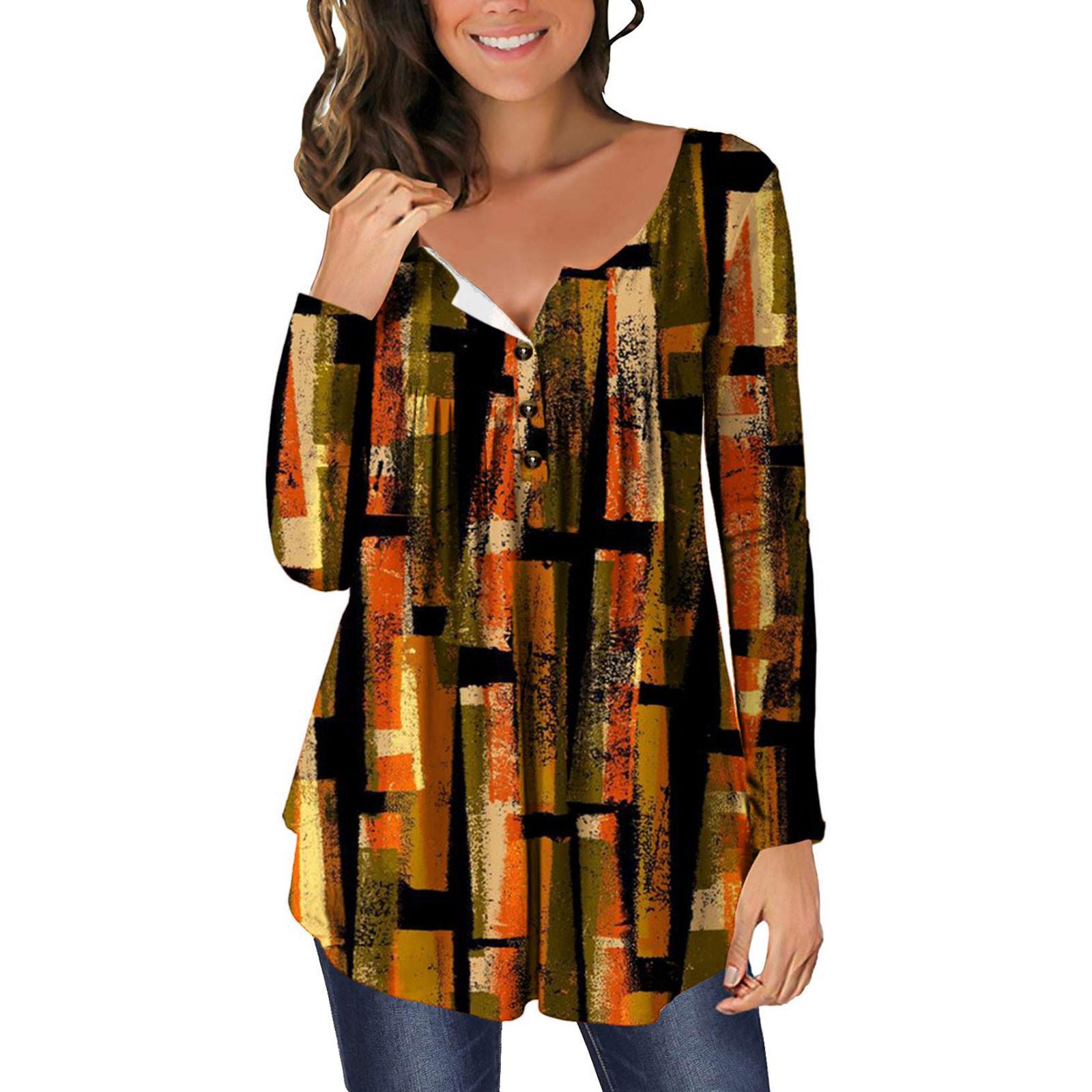 

Женская туника с длинным рукавом, свободные топы, повседневные топы больших размеров, плиссированная туника на пуговицах, повседневные летние весенние футболки, топы для женщин XXXL оранжевый