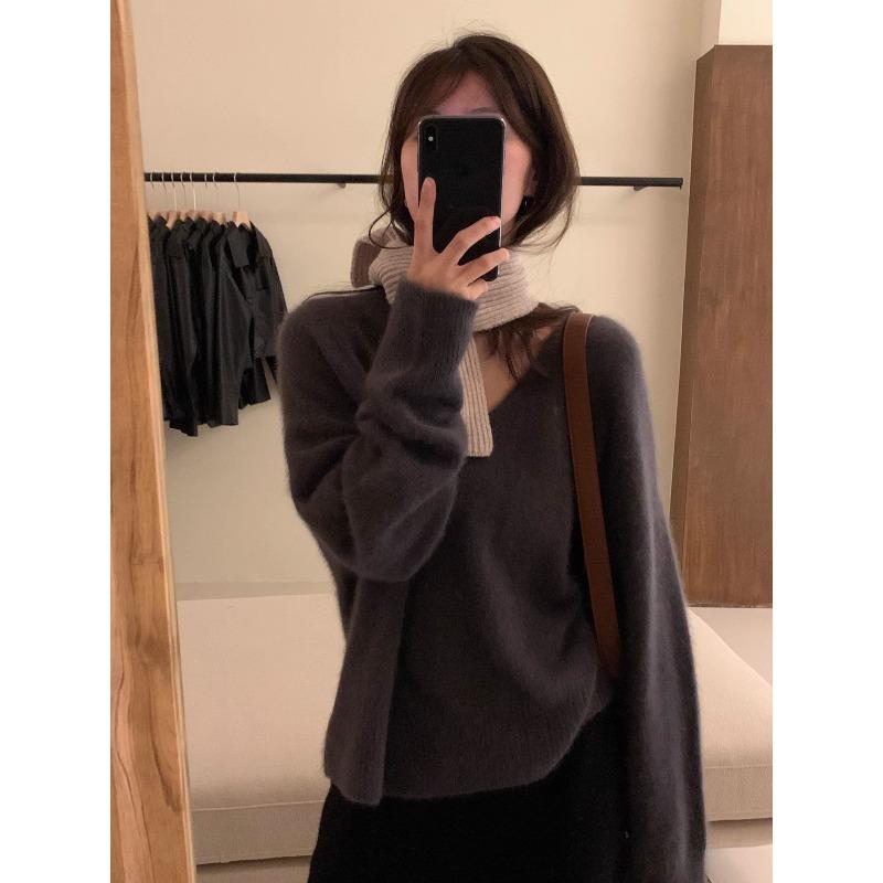 Knitted Loose Knit Sweater Pullover V-neck for Autumn and Winter for Women