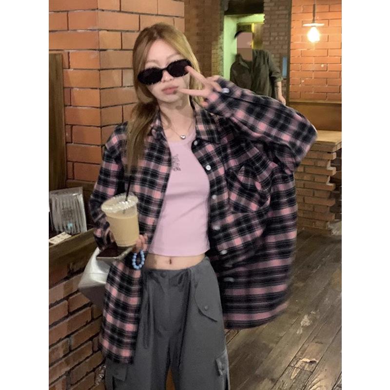 

2024 Black & Pink Plaid Women s Shirt - Spring/Autumn Sunscreen Jacket, Korean-Style Niche Design XL